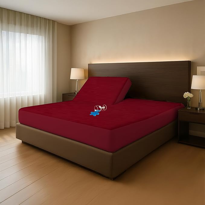 SGI bedding Waterproof Split Top Queen 60x80 Mattress Protector Pad Cover– 32" Top, 18" Deep Pocket Fitted Style, Soft Noiseless & Breathable Bed Cover for Adjustable Head Beds Burgundy