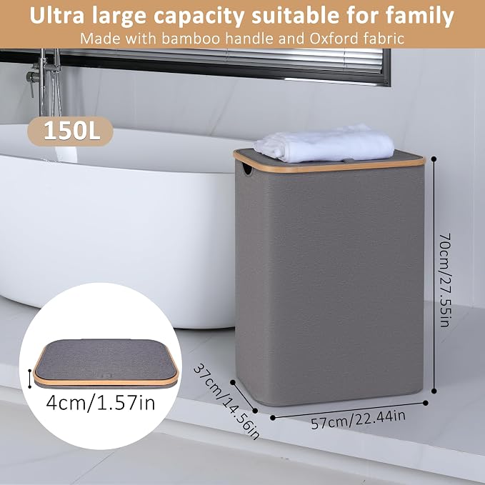 iEGrow 150L Laundry Hamper with Lid-Large Laundry Basket with Bamboo Handles, Grey Hampers for Laundry, Dirty Clothes Hamper with 2 Removable Inner Bags for Clothes Toys Towels - Image 2