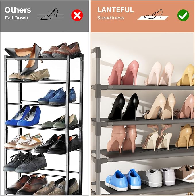LANTEFUL 11 Tiers Tall Shoe Rack Holds 55 Pairs of Shoes with 18pcs Hooks Sturdy Wide Shoe Organizer Storage Free Standing Metal Shoe Shelf for Closet, Entryway Grey - Image 6