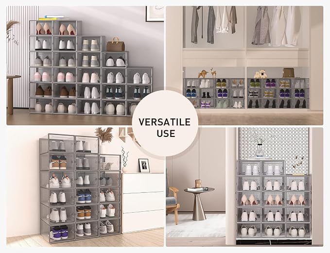 Kuject X-Large Shoe Storage Boxes Organizers Clear Plastic Stackable 12 Pack, Shoe Rack & Holder Substitute, Sneaker Containers, Toy Storage Organizer Bins for Entryway, Closet, Under Bed, Grey - Image 6