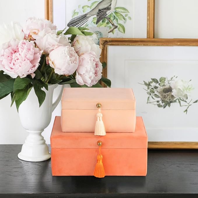 HofferRuffer Velvet Jewelry Boxes Decorative Boxes, Storage Accessory Organizer Boxes with Elegant Handle Decor, Classic Velvet Set of 2 Pieces (Orange) - Image 4