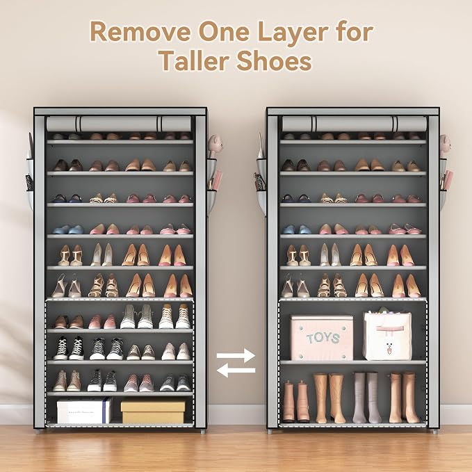 ROJASOP Shoe Rack with Covers, Stackable 10 Tier Tall Shoe Shelf Storage 50-55 Pairs Shoes and Boots Large Capacity Vertical Shoe Rack Organizer for Closet Entryway Garage Bedroom, Grey - Image 7
