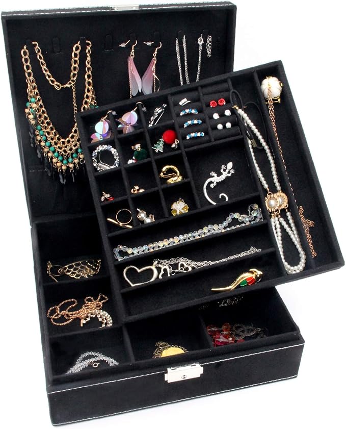 Two-Layer Jewelry Box Organizer Display Storage case with Lock (Black) - Image 2