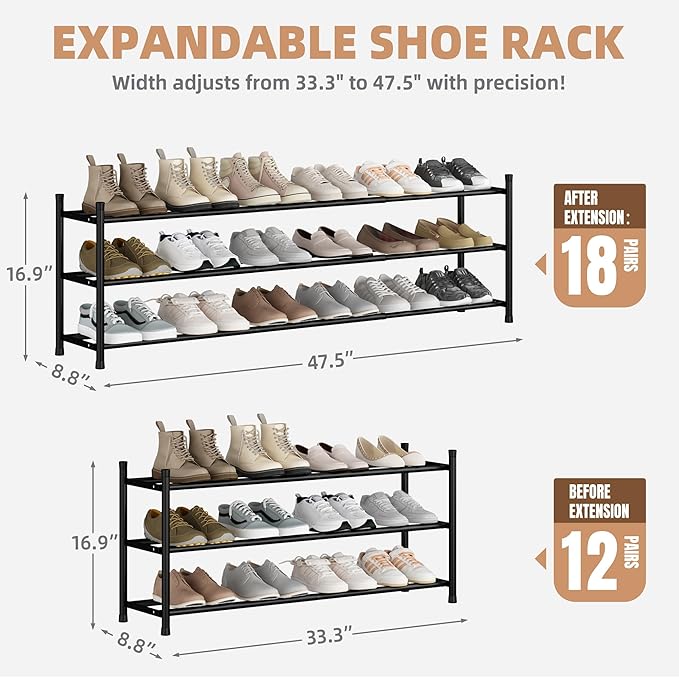 STORAGE MANIAC Long Expandable Shoe Rack, 18 Pairs Metal Wide Stackable Shoe Rack, Adjustable Shoes Shelf, Freestanding Shoes Organizer for Closet, Entryway, Hallway, Garage, Front Door, 3 Tiers - Image 2