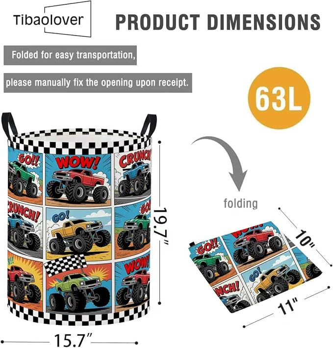 Baby Laundry Basket Baby Nursery Hamper Kids Laundry Basket Toy Storage Bin for Boys Room Decor Gift Baskets for Bedroom Bathroom(Truck) - Image 2