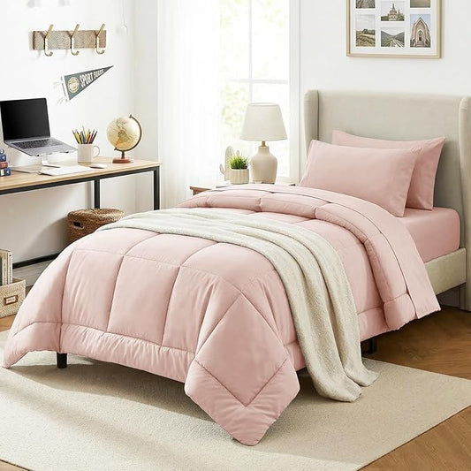CozyLux Twin Comforter Set with Sheets Blush Pink, 5 Pieces Bed in a Bag, Pink Comforter Twin Size, All Season Bedding Set with Stitch Quilted Comforter, Flat Sheet, Fitted Sheet, Pillowcases