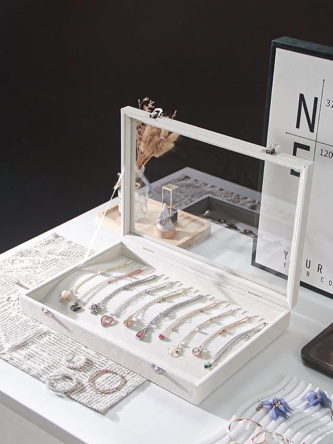 Coward 20 Hooks Necklace Organizer Jewelry Box, Dustproof Necklace Display Holder Case, Beige Velvet Necklace Display Tray Case with Transparent Glass Lid for Women Girls - Image 3