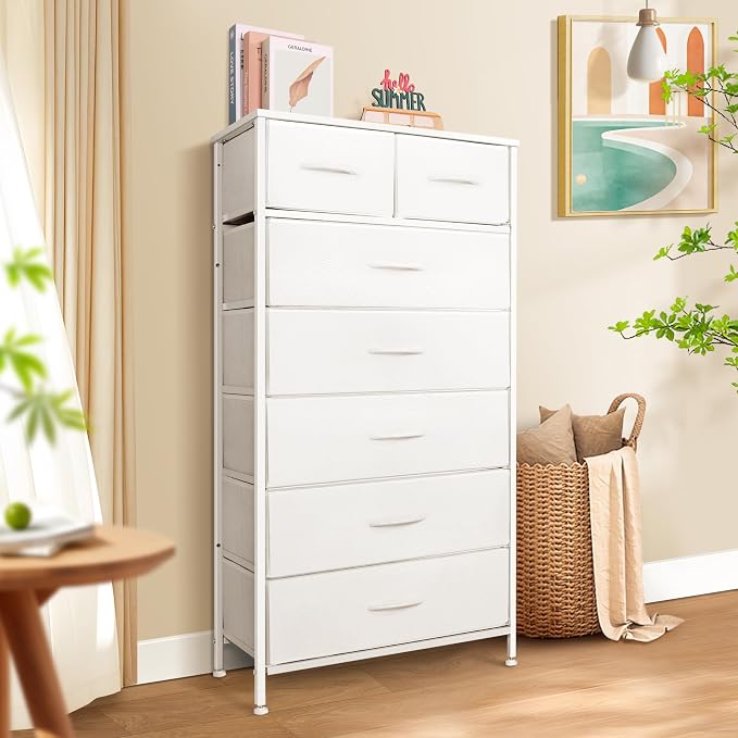 Mifuro Tall Dresser for Bedroom, Vertical Storage Organizer Tower with 7 Drawers, Chest of Drawers with Fabric Bins, Steel Frame, Wood Top for Bedroom, Closet, Entryway- White - Image 2