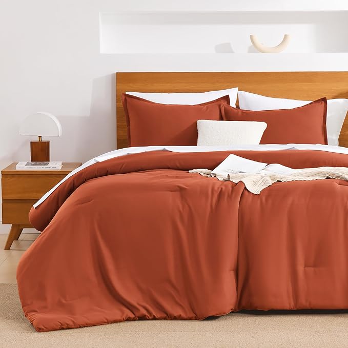 Andency Burnt Orange King Size Comforter Set - 7 Pieces Terracotta Bed in a Bag King Bedding Comforter Sets, Summer Solid Soft Lightweight Comforter with Sheets, Pillowcases & Shams