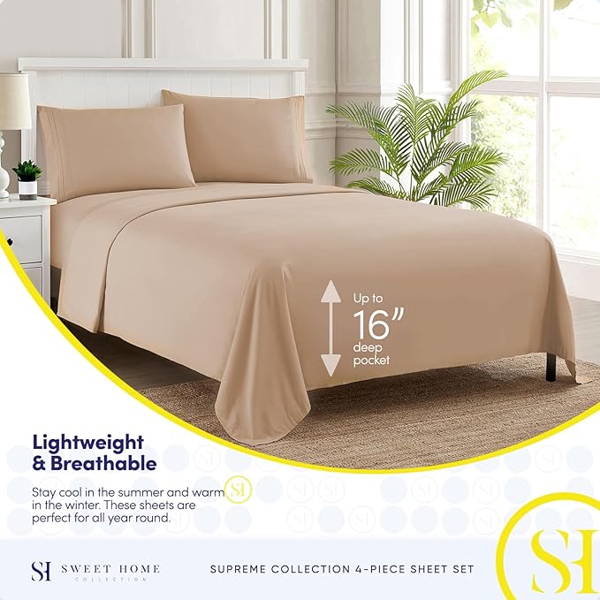 California King Sheet Sets - Breathable Luxury Sheets with Full Elastic & Secure Corner Straps Built In - 1800 Supreme Collection Cal King Deep Pocket Bedding Set, Sheet Set, California King, Taupe