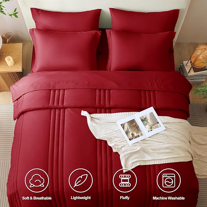 CozyLux King Comforter Set - 7 Pieces Bed in a Bag Dark Red Comforter Set with Sheets Luxury Bed Set All Seasons, Soft Bedding Set with Down Alternative Comforter, Sheets, Pillowcases & Shams