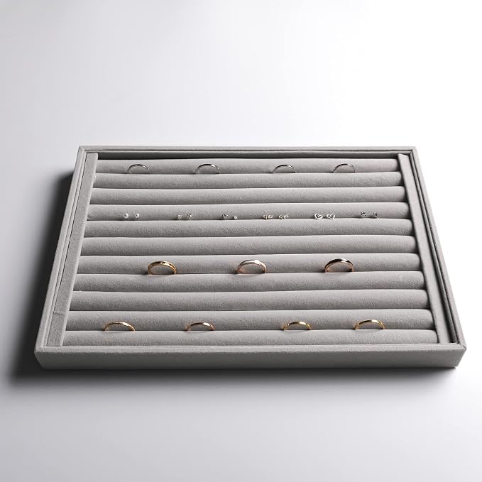 Frebeauty Stackable Velvet Jewelry Organizer Trays for Drawers Inserts Jewelry Storage Tray Display Case Earrings Bracelets Necklace Rings Accessories Trays for Women(Set of 4)(Grey). - Image 5