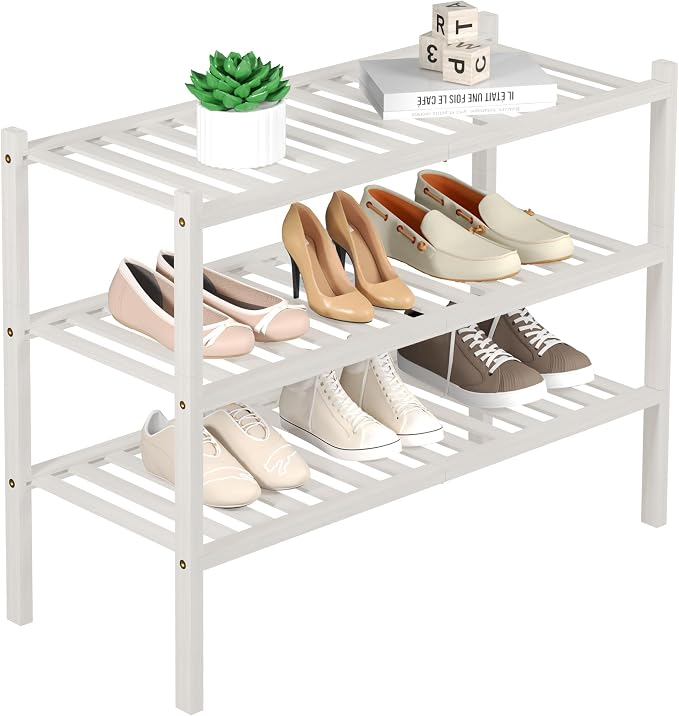 ROMGUAR CRAFT 3 Tier Bamboo Shoe Rack for Closet Free Standing Wood Shoe Shelf Storage Organizer for Entryway Small Space Stackable 27"x11"x20" (White) by ROMGUAR+CRAFT