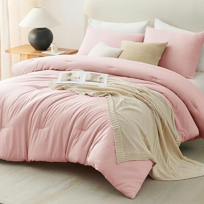 CozyLux Oversized Queen Comforter Set Blush Pink, 3 Pieces 98x98 Solid Breathable Quilted Bedding Sets All Season, Luxury Soft Lightweight Bed Set with Down Alternative Comforter and 2 Pillowcases