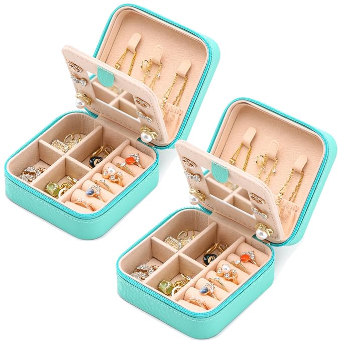 Neveika Jewelry Box with Mirror,Small Jewelry Organizer Box，Travel Jewelry Case for Women，Gift Jewelry Boxes for Female Girls (2pcs mirror blue) by NEVEIKA