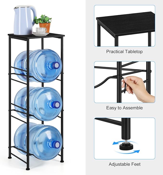 OYEAL Water Jug Holder Stand 5 Gallon Water Bottle Holder Organizer with Shelf, Heavy Duty 3 Tier Water Bottle Storage Rack for Kitchen, Office, Living Room, Black - Image 3