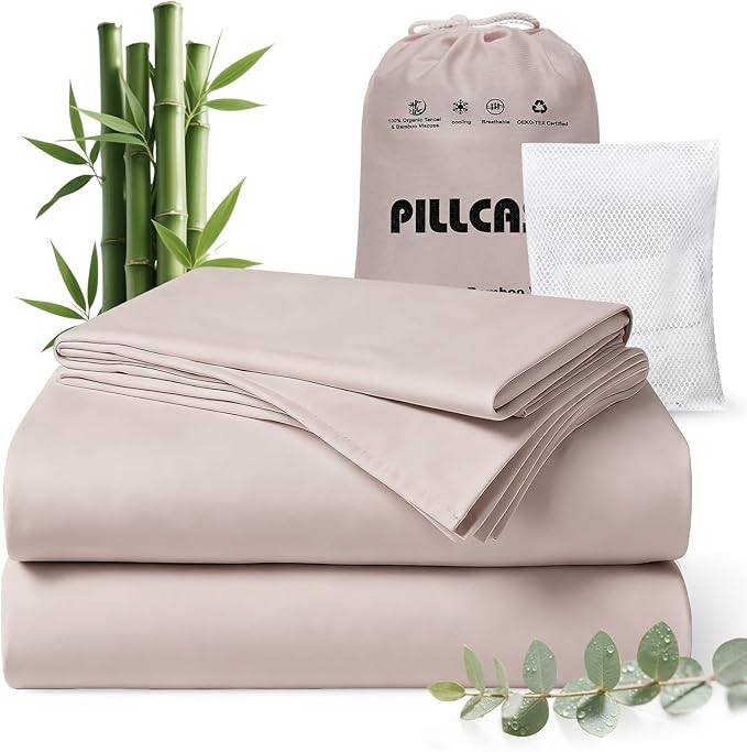 Luxury Organic Tencel & Viscose from Bamboo Cooling Sheet Set,Silky Soft Lyocell Sheets with Deep Pocket, Hypoallergenic & Breathable Bedding with Pillowcases (Sand, King)