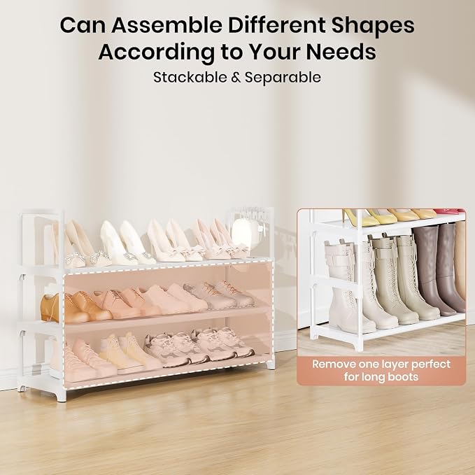 VILICK Shoe Rack for Closet Shoe Organizer Space Saver Storage for 12-15 Pair Shoe Shelf with Hook Free Standing 3 Tier Shoe Rack Organizer for Entryway, Small Spaces, White - Image 5