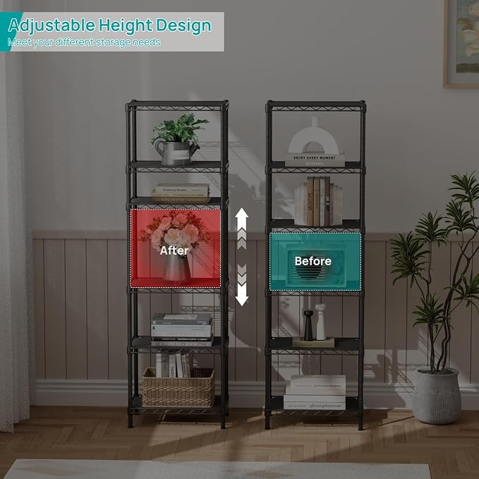 SINGAYE 6 Shelves Bathroom Organizers and Storage Shelf Wire Closet Metal Pantry Kitchen Small Garage Shelving Unit Laundry Room Organization Home Tall Rack Balck 10" D x 16" W x 60”H - Image 6