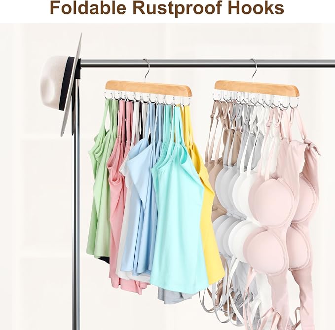 Bra Hanger for Closet, Tank Top Organizer 20 Hooks Capacity Foldable Wood Space Saving Hanger Closet Organizers and Storage for Dorm & Apartment for Tank Top, Hats, Scarf etc. - Image 4