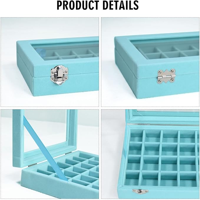 Vicoter Velvet Jewelry Box 24 Grid Jewelry Ring Display Organiser Box Tray Holder Earrings Storage Case for Girls Wife Mom Women (Light Blue) - Image 4