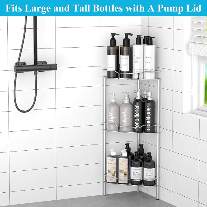 HuggieGems 3 Tier Floor Standing Corner Shower Caddy Organizer Shelf with Hooks, Bathroom Shelves Stand Rack, Silver - Image 4