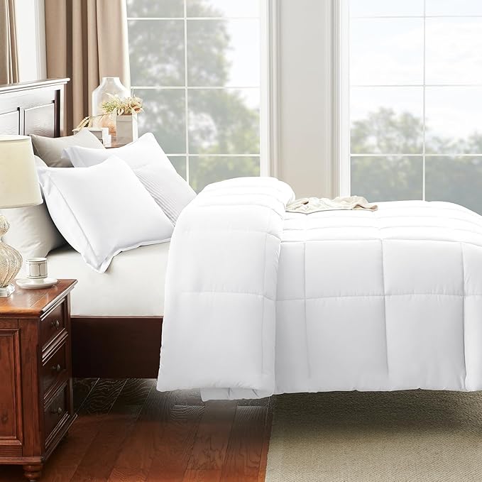 CozyLux Oversized Queen Comforter Set, 3 Pieces White 98x98 Box Stitched Design Soft Bedding Set, All Season Lightweight Breathable Bed Set with 1 Down Alternative Comforter and 2 Pillow Shams