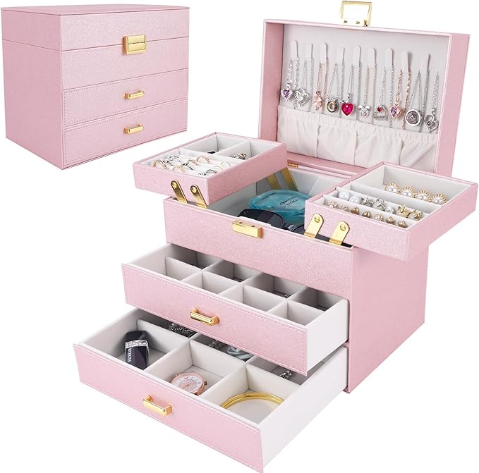Dajasan Jewelry Organizer Box, Large Jewelry Boxes for Girls, Space-Saving 4 Layers Jewelry Storage Case with Drawer, Gift for Women, Movable Metal Stand, Modern (Pink+ Gold) by DAJASAN
