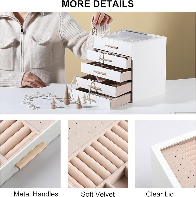 Frebeauty Clear Lid Jewelry Box,5-Layer Jewelry Organizer with Drawer,PU Leather Jewelry Organizers and Storage,Jewelry Boxes for Women,Jewelry Storage for Rings Earring Stud,Gift for Women(White) - Image 5