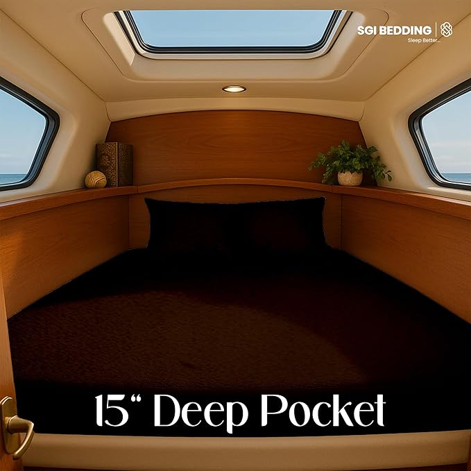 SGI Bedding Waterproof V Berth Mattress Protector 88" Head x 82” Length x 20" Foot – 15" Deep Pocket, 360° Fitted Style Mattress Pad Cover, Soft Noiseless & Breathable Cover for Boat – Chocolate