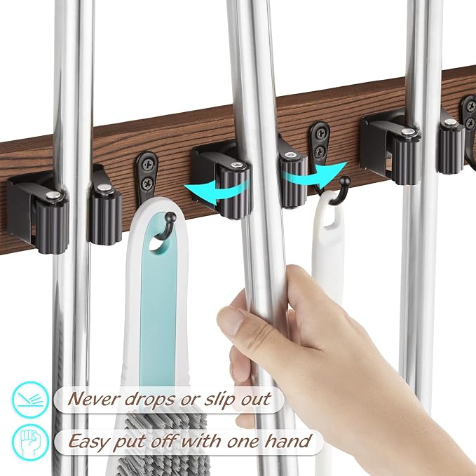 OUTNILI Mop Broom Holder Wall Mount with 3 Slots & 4 Hooks - Wood Broom Mop Hanger for Pantry Kitchen Organization - Garden Tool Organizer for Closet Laundry Room - for Rustic Farmhouse Kitchen Decor - Image 3