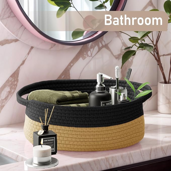 JMvicyroam Woven Basket,Small Rope Storage Bin with Handles & Ribbon Bag, Organizer for Shelves Closets,Gift Basket Empty for Birthday,Books,Dog Toys, Black&Jute - Image 8