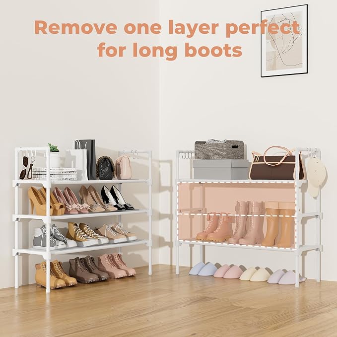 LANTEFUL 3 Tier Shoe Rack for Closet, Shoe Organizer with 5 Hooks, Long Shoe Shelf Storage for Shoe and Boot Stackable Free Standing Shoe Rack for Entryway, Garage, Small Spaces, Dorm, White - Image 6