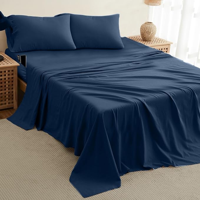 DREAMCARE Queen Sheet Set – 4 pcs Cooling Sheets – up to 21” Extra Deep Pocket Queen Sheets – Hotel Luxury Sheets & Pillowcases – Superior Softness 100% Fine Microfiber with Side Pocket – Navy