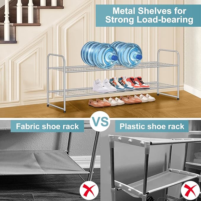 AOODA 2 Tier Long Metal Shoe Rack for Closet Wide Stackable Shoe Storage Organizer 18-Pairs Low Small Sneaker Rack for Entryway, Bedroom, Garage, Grey - Image 4