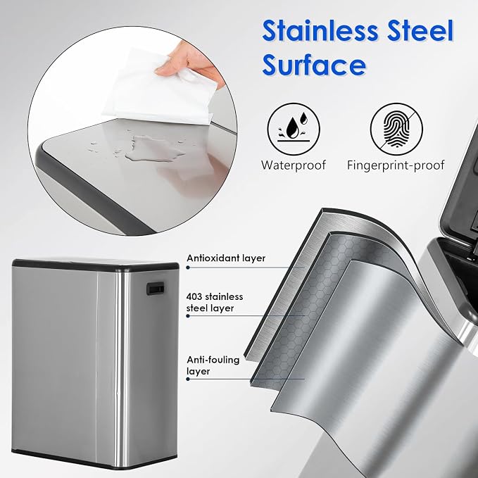 FDW Trash Can, 60 Liter (2x30L) 16 Gallon Stainless Steel Step Can, Rectangular Trash Can with Inner Buckets and Hinged Lids, Suitable for Kitchen Office Home Use,Silver - Image 5
