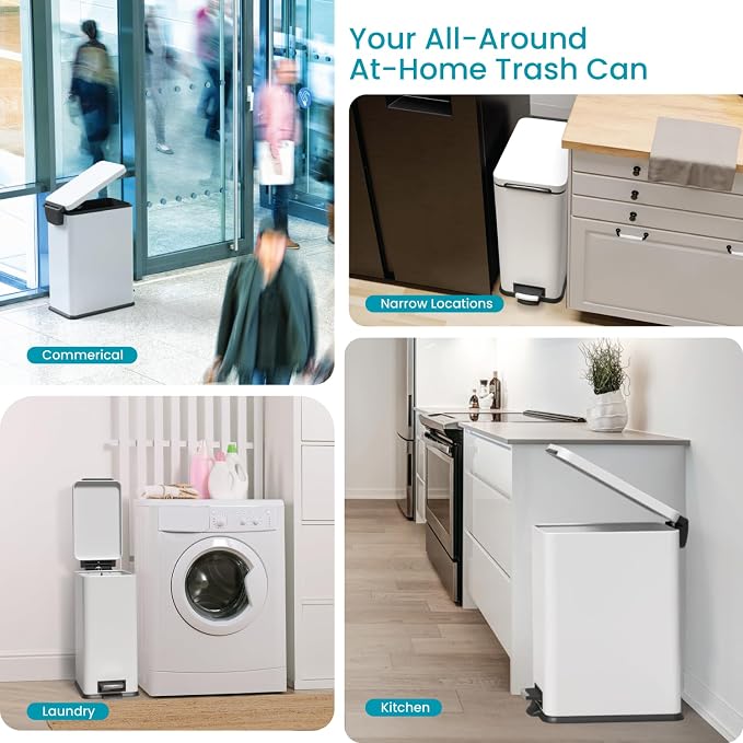 Home Zone Living 8 Gallon Slim Kitchen Trash Can with Soft Close Lid, Step Pedal, Bag Tuck Band, and Removable Liner, Stainless Steel, Matte White, 30 Liters - Image 6