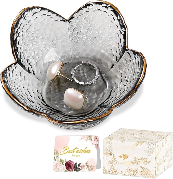 Grey Flower Jewelry Dish Glass Ring Dish Jewelry Tray Cute Vanity Organizer Room Decor Aesthetic Nightstand Bathroom Decor Trinket Dish Ring Holder Dish House Warming Gifts Stocking Stuffers for Women by WELOCMETOBINOSTER