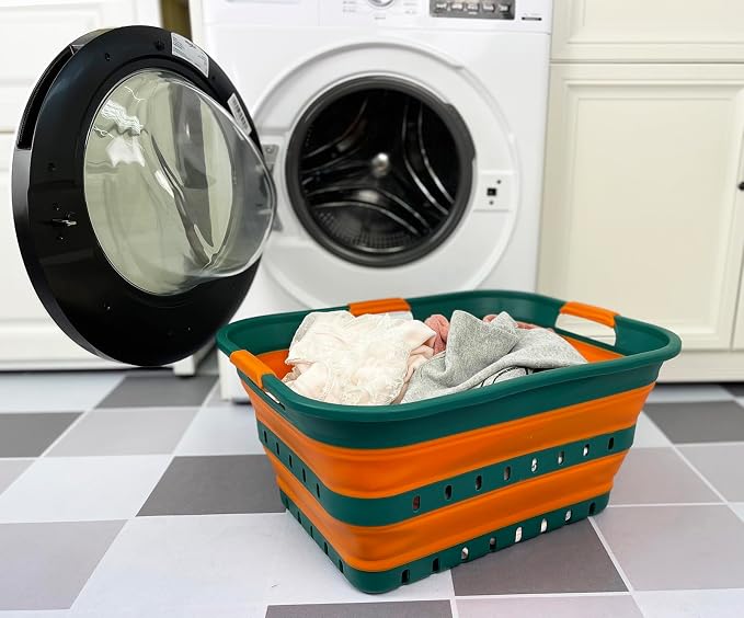 SAMMART 42L (11 gallon) Collapsible Plastic Laundry Basket - Foldable Pop Up Storage Container/Organizer - Space Saving Hamper/Basket (1, Teal Green/Autumn leaf) - Image 2