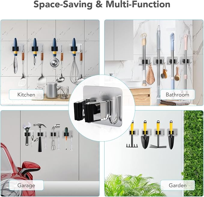 homeasy Mop Broom Holder No Drill, Mop Broom Organizer Wall Mounted Heavy Duty with Hooks Hanger, Self Adhesive Stainless Steel 4Pcs for Bathroom, Kitchen, Office (Multicolor) - Image 5