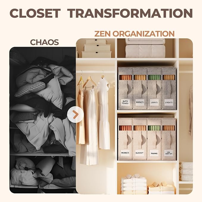 8Pack Sheet Organizers for Linen Closet - King/Queen Size Bedding Storage Boxes with Clear Window | Foldable, Dustproof Linen Organizer for Blankets & Sheet Sets,Beige - Image 4