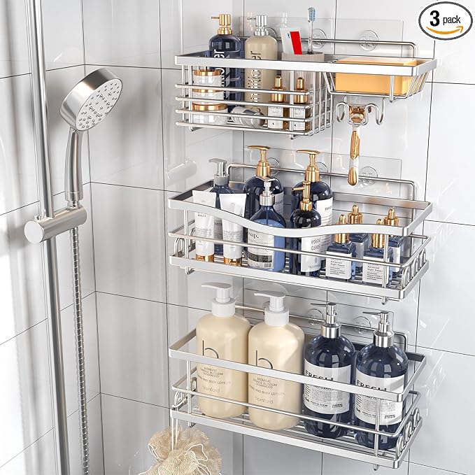 Youvip Shower Caddy, 3 Pack Large Capacity Bathroom Organizers and Storage, No Drilling Adhesive Rustproof Shelves with Soap Holder, Home Decor, Silver by YOUVIP