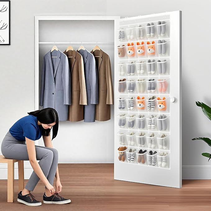40-Pocket Over the Door Shoe Organizer - Large Mesh Pocket Hanging Shoe Rack for Door, Shoes Storage Holder Sturdy Non-woven Fabric - Stores 20 Pairs (White02) - Image 5