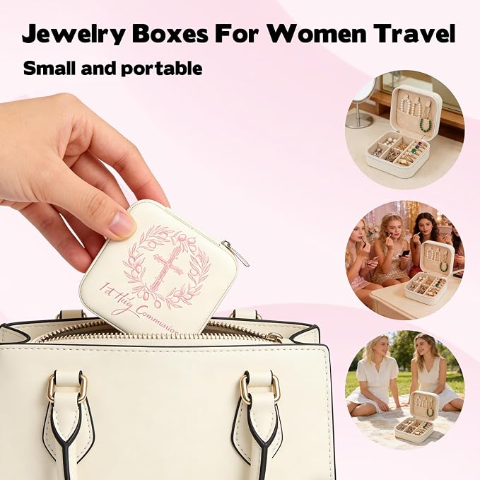First Communion Travel Jewelry Box, Small Zippered Jewelry Case with Soft Lining, White Square Keepsake Box for Rings Earrings Necklaces, Religious Keepsake Gift for Baptism or Wedding (1, White) - Image 6
