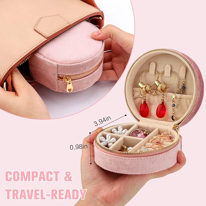 DesignSter Travel Jewelry Box - Velvet Mini Jewelry Organizer, Small Jewelry Case for Girls Women, Jewelry Storage Box for Rings Earrings Necklace (Circular, Lotus Pink) - Image 2