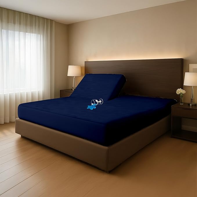 SGI bedding Waterproof Split Top Queen 60x80 Mattress Protector Pad Cover– 36" Top, 18" Deep Pocket Fitted Style, Soft Noiseless & Breathable Bed Cover for Adjustable Head Beds Navy Blue