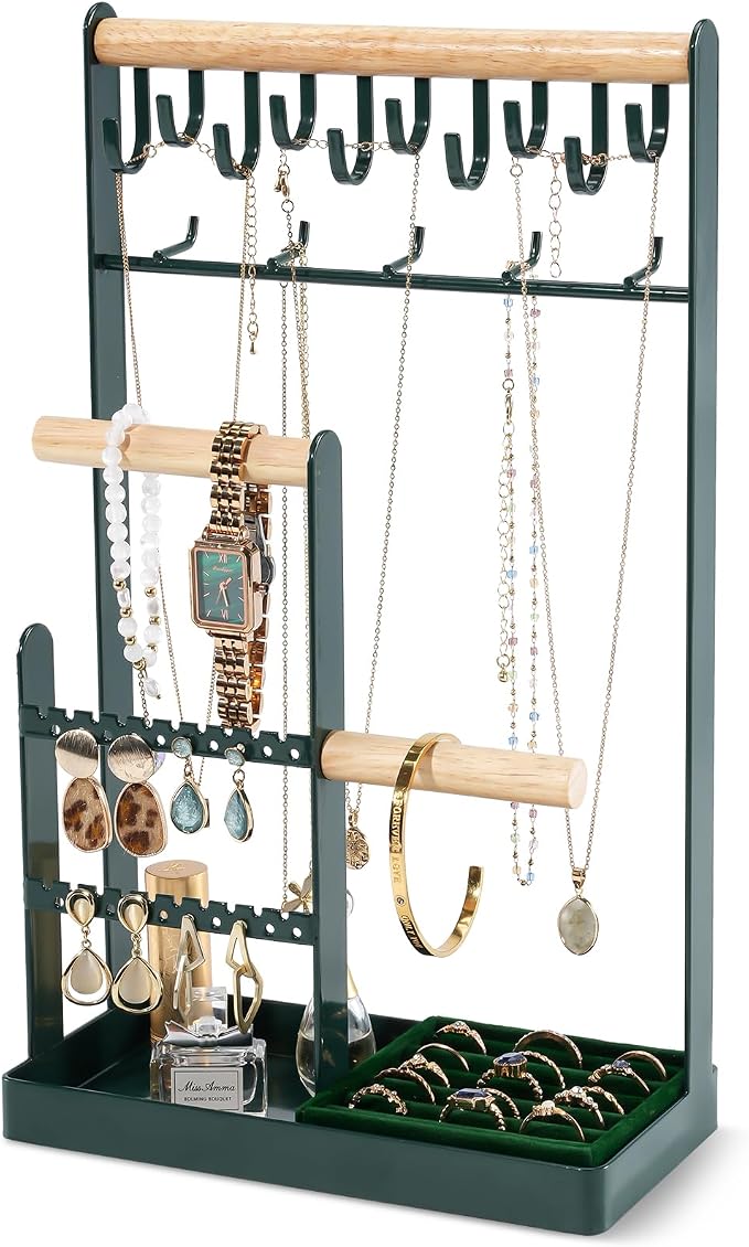 ProCase Jewelry Stand Holder Organizer, 5-Tier Necklace Holder with Ring Tray, 15 Hooks Necklaces Hanging Small Jewelry Display Storage Tower Tree for Bracelets Earrings Watches -Large, Green by ProCase