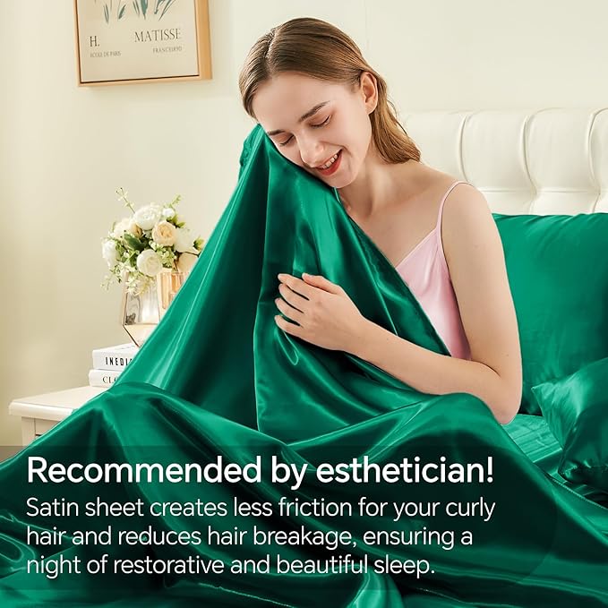 BEDELITE Satin Sheets Full Size Bed Set, Luxury Soft Dark Green Silky Sheets for Hair and Skin, Similar to Silk Bed Sheets Set 4 Pieces with 1 Deep Pocket Fitted Sheet, 1 Flat Sheet, and 2 Pillowcases