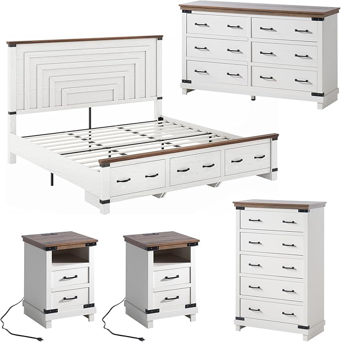AMERLIFE 5-Piece Farmhouse Bedroom Set, Rustic Wood King Bed Frame with 51" Tall Headboard, 6-Drawer Dresser, 5-Drawer Tall Chest, Nightstands Set of 2 with Charging Station, White