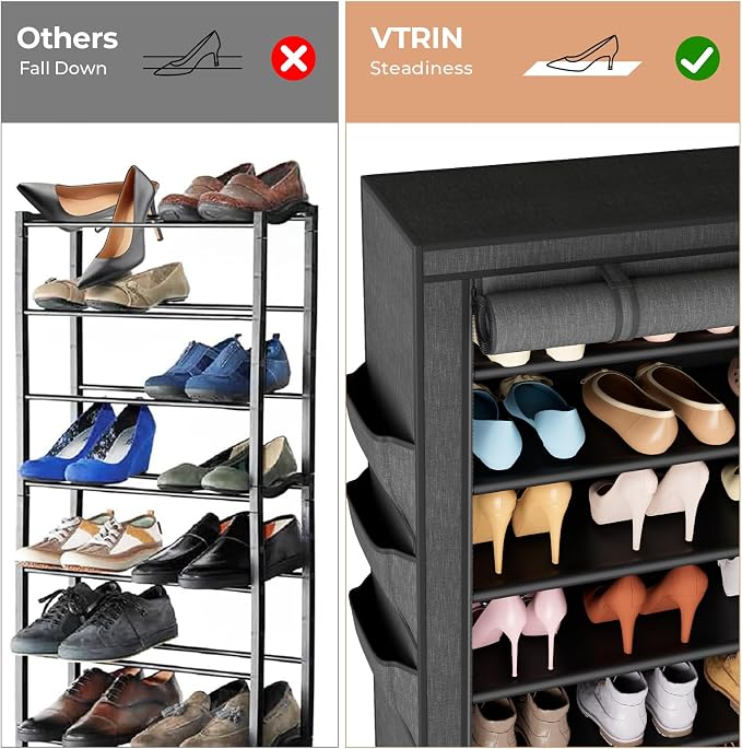 VTRIN Vertical Narrow Shoe Rack Organizer Tall Shoe Rack for Closet Entryway 10 Tier Non-Woven Cover Shoe Shelf Holds 36-41 Pairs Free Standing Shoe Storage Cabinet with Dustproof Cover, Black - Image 6